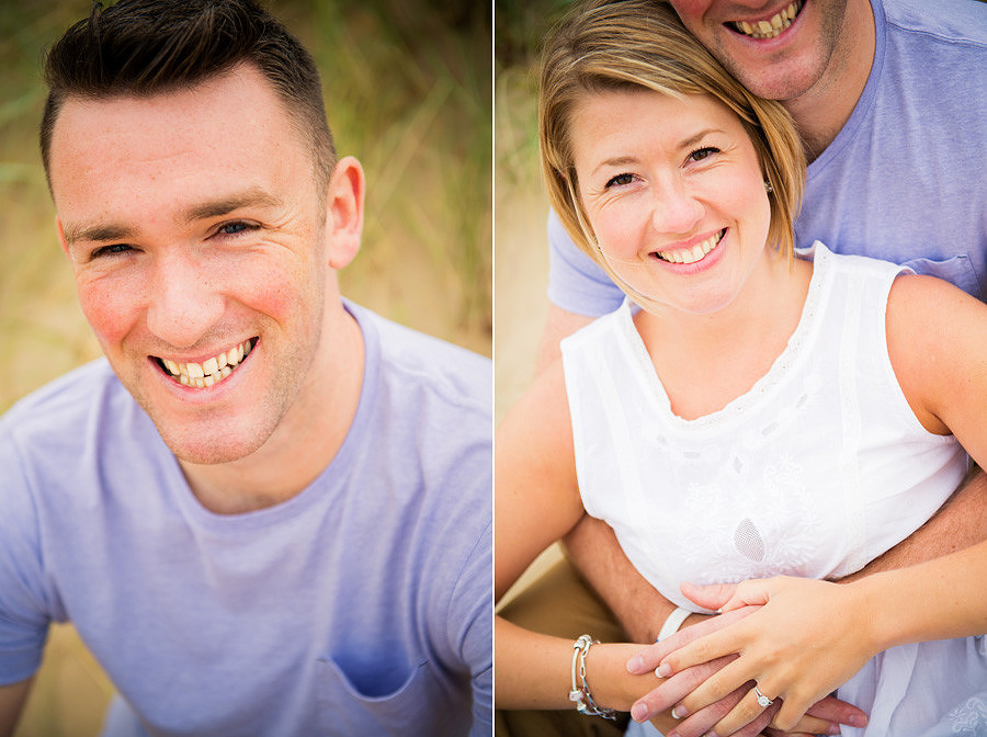 Headshots of couple smiling with grass behind on the dunes of Talacre Beach near Mold, North Wales