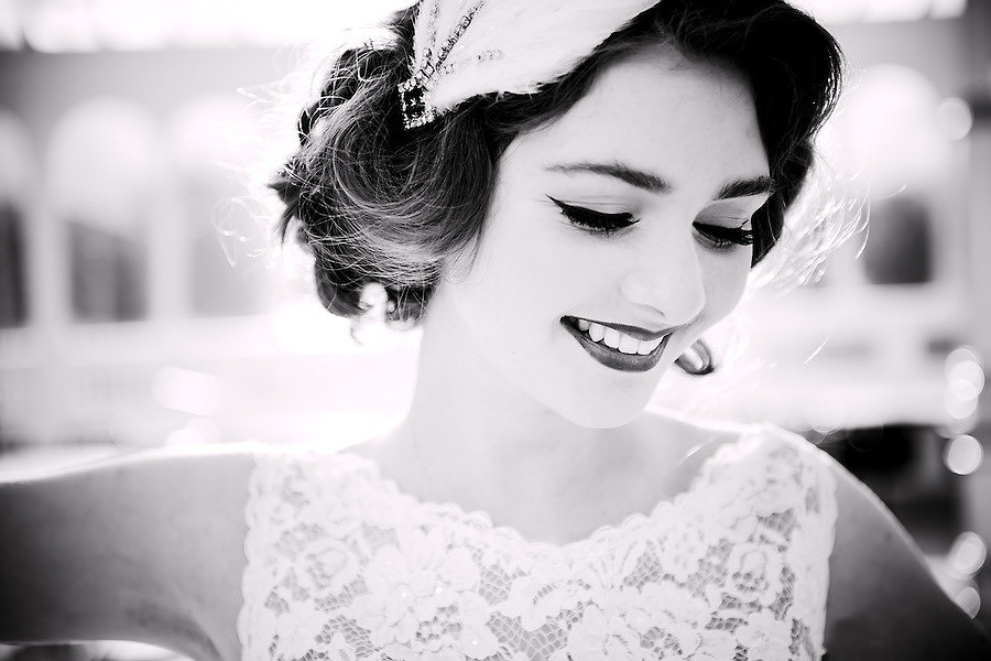 A black and white portrait of a vintage style bride. (Ioan Said / Celynnen Photography)