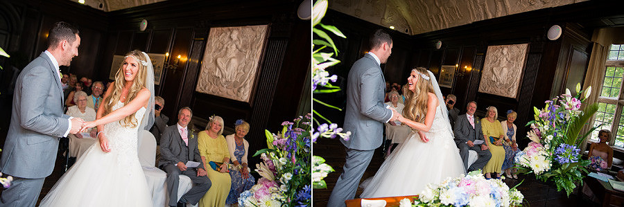 Bride and groom laughing during their wedding in Portmeirion