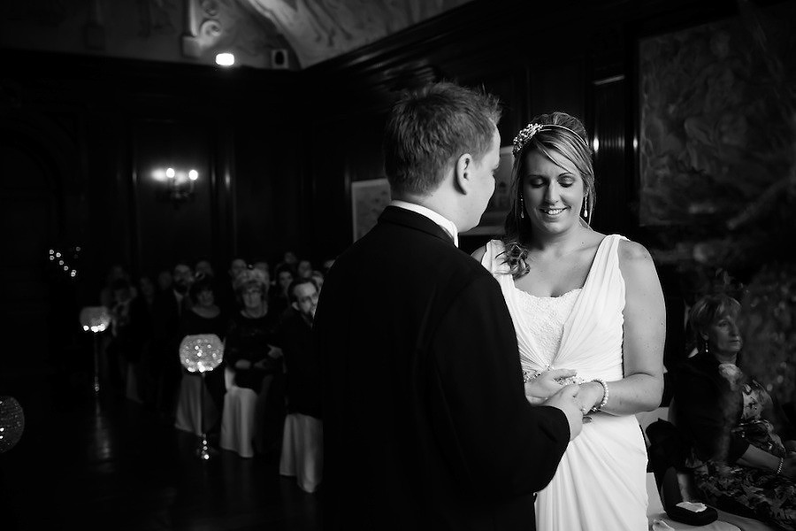 Black and white image from during the ceremony at a wedding in Portmeirion