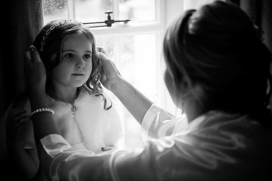 Black and white picture of a flower girl at the wedding in Portmeirion