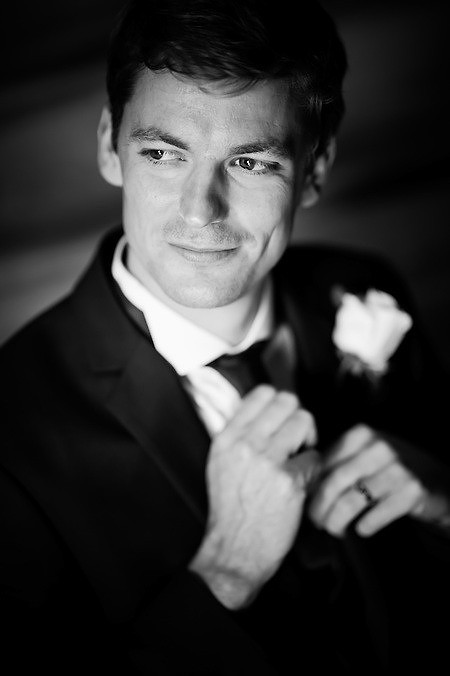 Black and white groom portrait from a wedding at Plas Hafod.