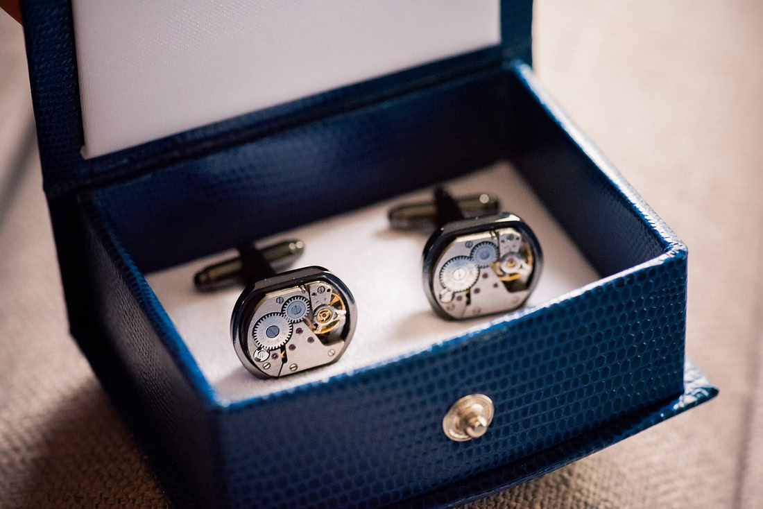 Image of the groom's cufflinks for his wedding day at Mere Brook House.