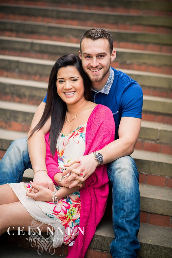Celynnen Photography. Pre Wedding Shoot. Vanessa & Ash. Chester Grosvenor Park, photographed sitting on the steps.