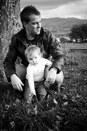 Black and white portrait of a young girl and her dad in Portmeirion