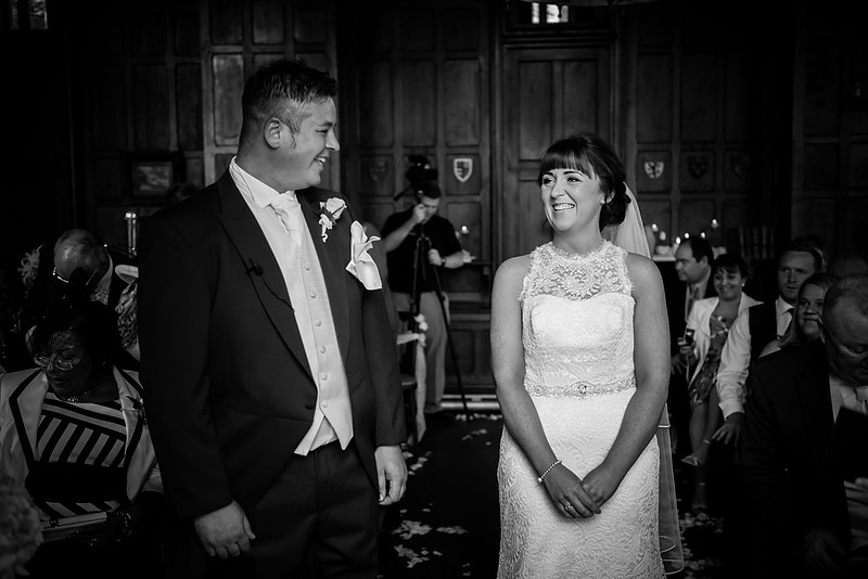 Black and white picture of the bride and groom in their wedding in Chateaux Rhianfa, Anglesey. Wedding Photographer, Celynnen Photography