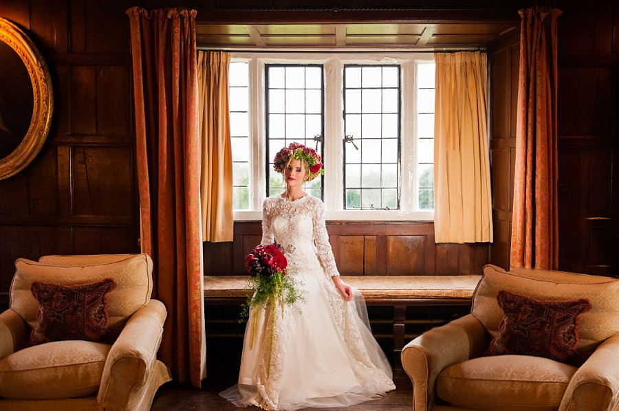 Bridal portrait photography at Bodysgallen Hall, Llandudno by Celynnen Photography. Dress by Diane Harbridge, flowers by Scent with Love.