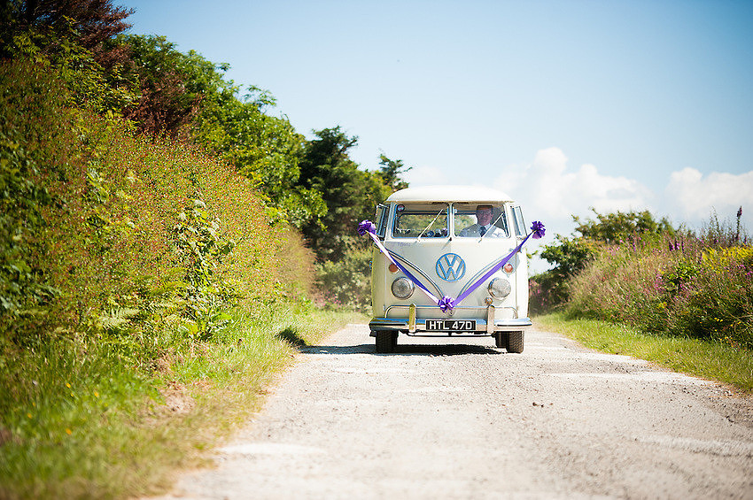 Wedding car arriving for a wedding in Anglesey.