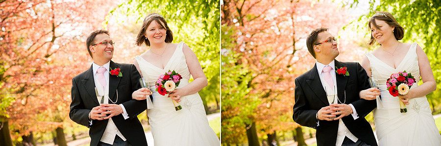 The bride and groom walking in the forest