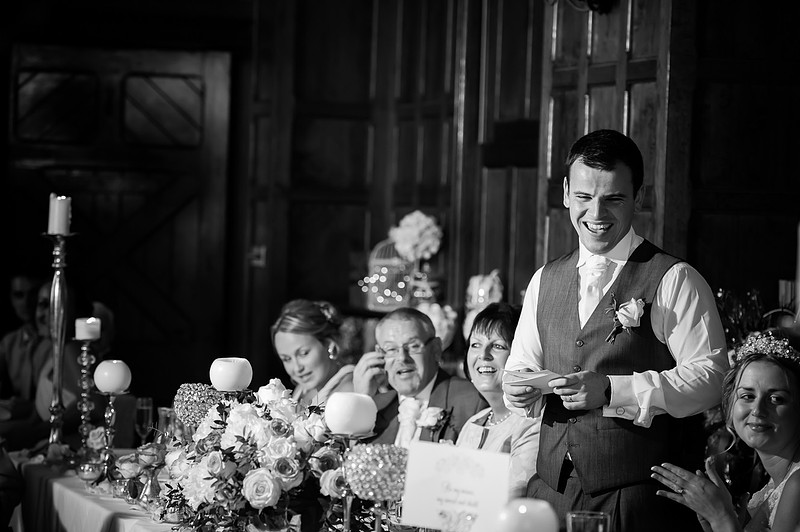 Groom giving his speech at a wedding at Chateaux Rhianfa, Anglesey. Wedding Photographer, Celynnen Photography