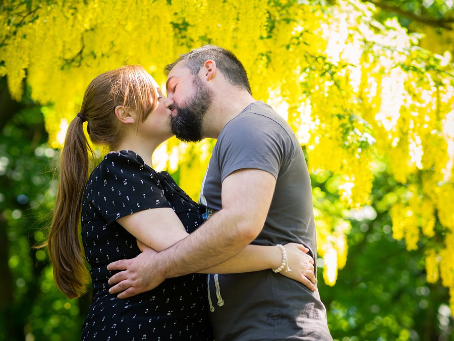 Colour photograph of Claire & Paul kissing with lovely yellow tree in the background, Sefton Park, Liverpool.