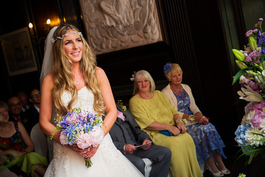The bride in the hercules hall for her wedding in Portmeirion