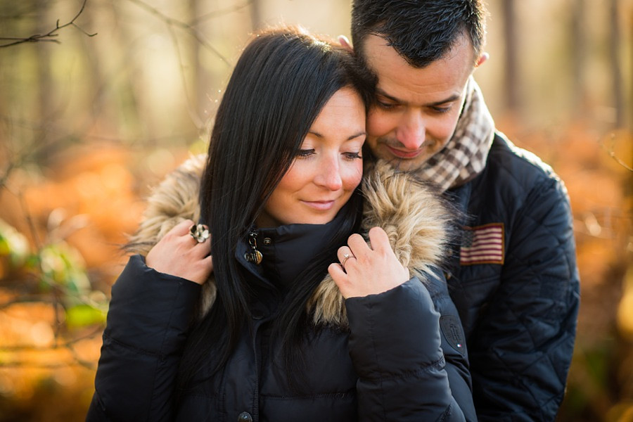Photo of an engaged couple on their pre wedding photoshoot in Delamere Forest.