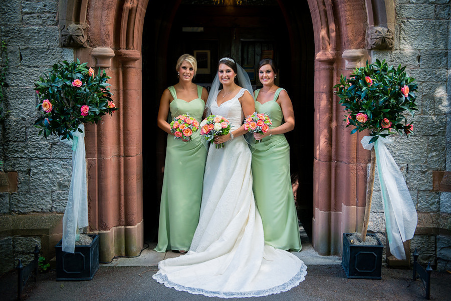 Wedding photographer Ruthin Celynnen Photography, the bride and her bridesmaids before entering church