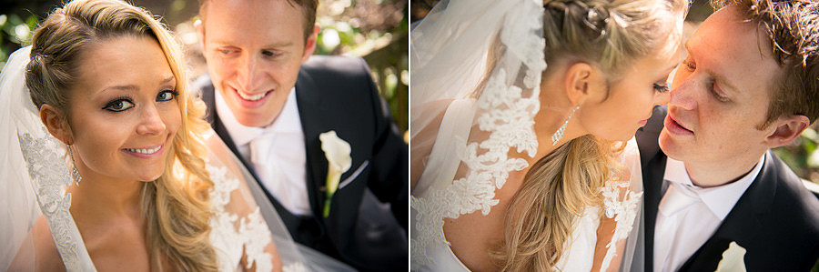 Bride and groom in the gardens at Gwydir Castle. Wedding Photographer: Celynnen Photography