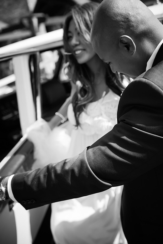 bride and groom arriving at the wedding reception at the lion quays in oswestry, shropshire