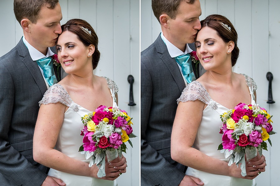 Portrait of the bride and groom at they wedding reception at Tros-yr-Afon, Anglesey. Wedding Photographer, Celynnen Photography