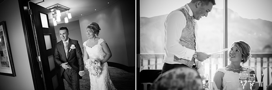 Black and white images from the wedding reception at a wedding at Deganwy Quay