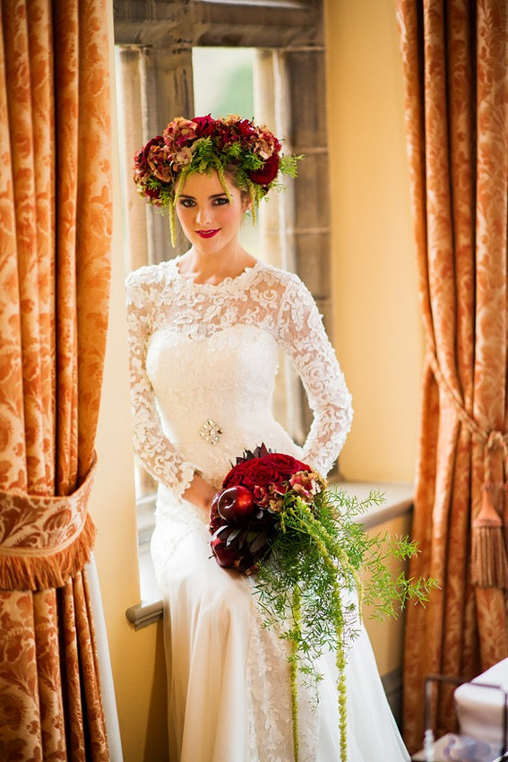 Bridal portrait photography at Bodysgallen Hall, Llandudno by Celynnen Photography. Dress by Diane Harbridge, flowers by Scent with Love.