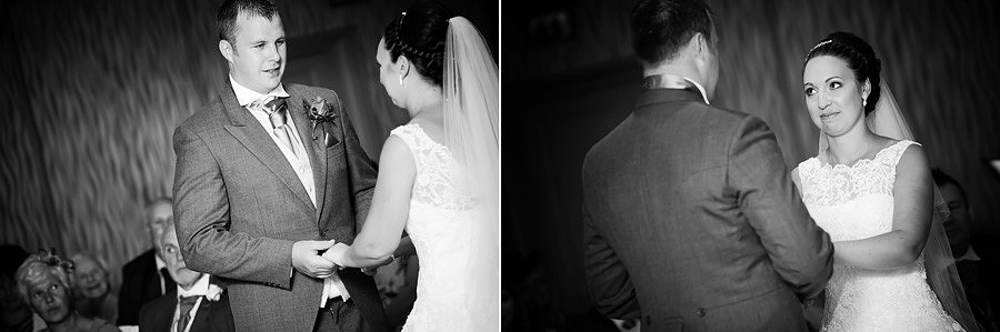 Black and white images from during the ceremony at a wedding at Grosvenor Pulford