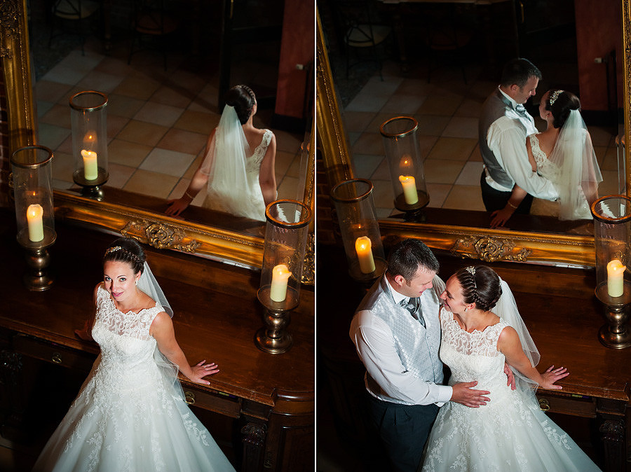 Images of the bride and groom with a reflection in the mirror at their wedding at Grosvenor Pulford