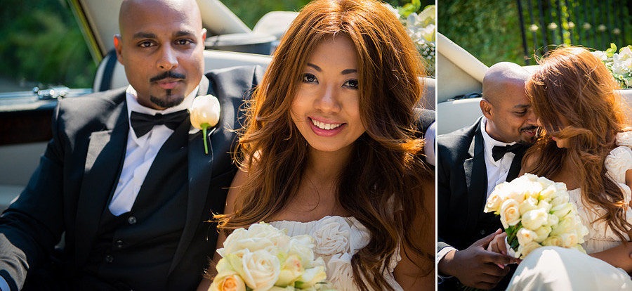bride and groom in their wedding car on their way to the wedding reception at the lion quays in oswestry, shropshire