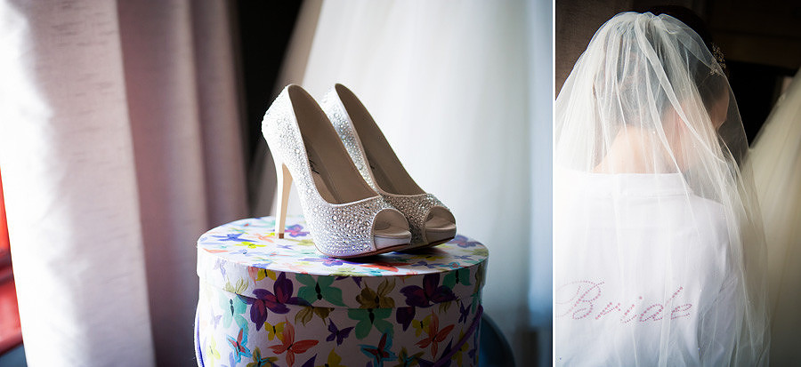 Images of the bride's shoes and the back of the bride during bridal preparations at a wedding at Grosvenor Pulford
