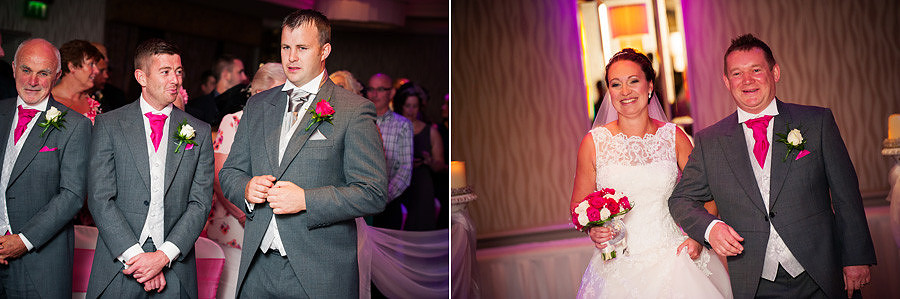 Images of the bride walking down the aisle at a wedding at Grosvenor Pulford