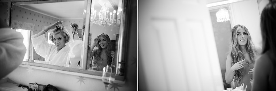 bride and bridesmaid getting ready for a wedding in Portmeirion