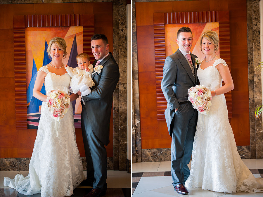 Bride and groom and their baby girl at the Deganwy Quay. Wedding Photographer: Celynnen Photography
