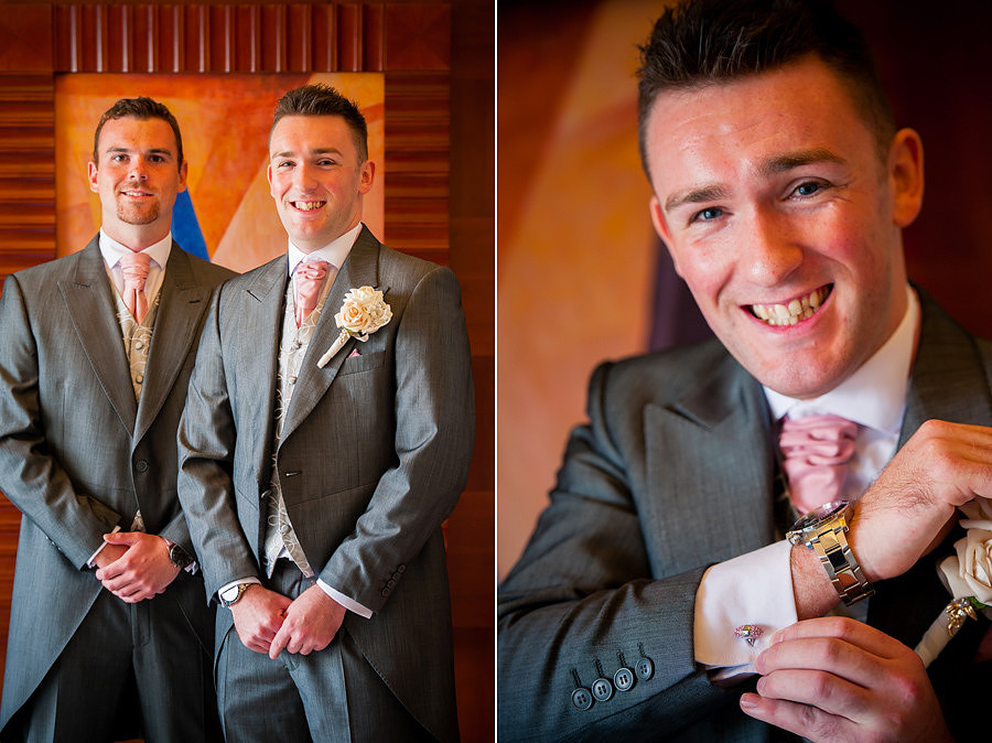 The groom and his ushers smiling. Wedding at the Deganwy Quay. Wedding Photographer: Celynnen Photography