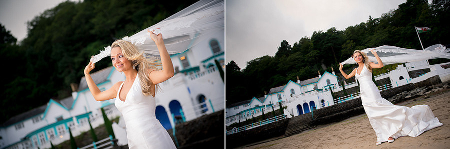 The bride and groom on the beach in Portmeirion