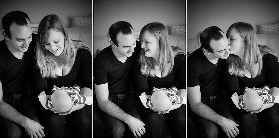 Black and white family portraits including mum, dad and newborn baby.