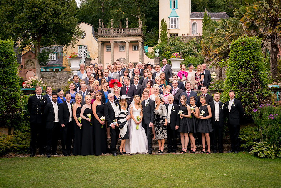 Group picture during a wedding at Portmeirion. Wedding Photographer: Celynnen Photography