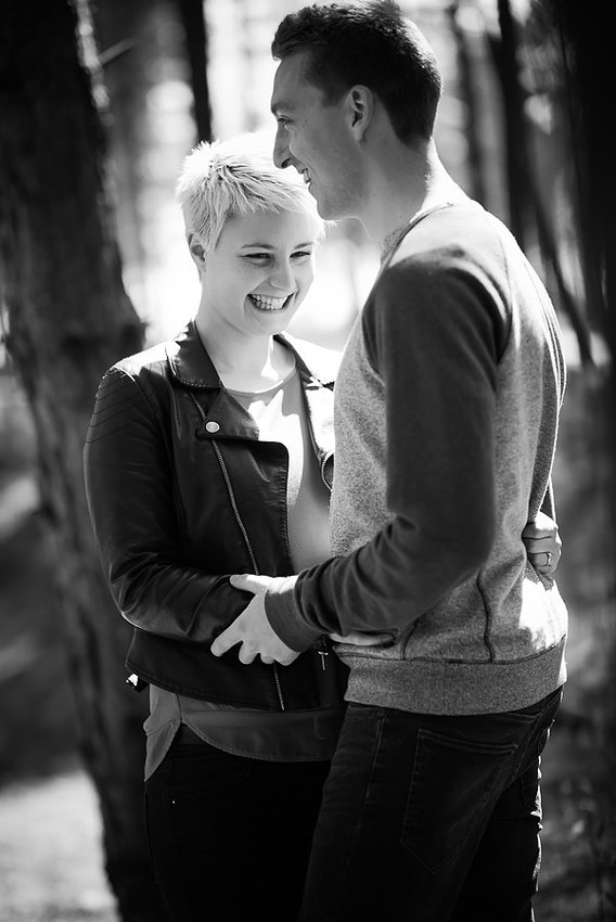 Photograph of Liz & Jason in black & white on their pre wedding shoot, photographed by Celynnen Photography.