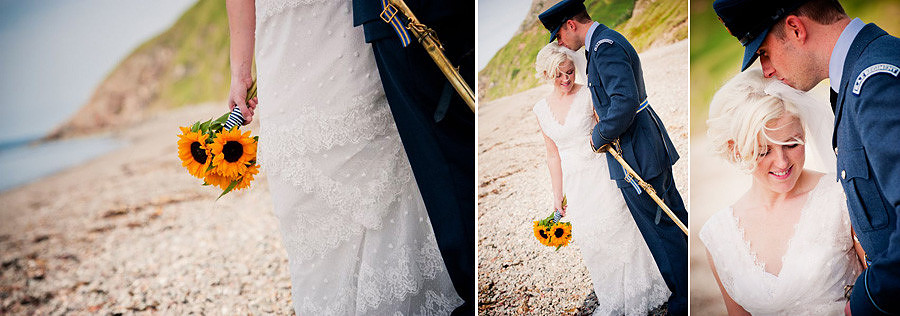 Bride and groom on the beach at Nant Gwrtheyrn by Celynnen Photography