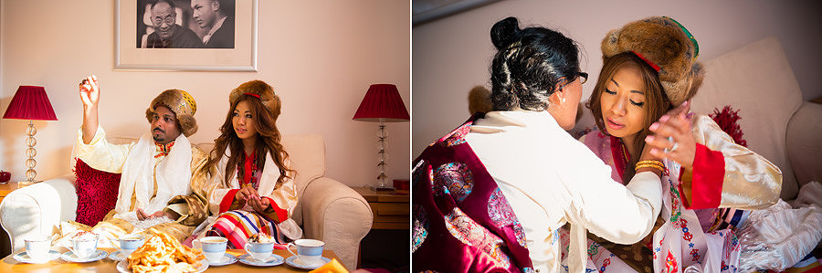 The bride and groom during their traditional tibetan buddhist wedding ceremony in oswestry, shropshire