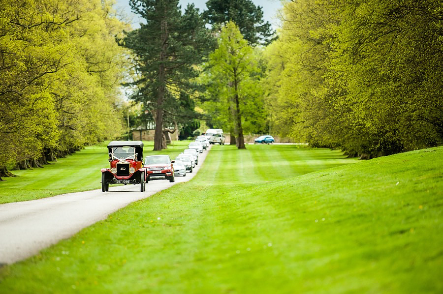 Photograph of the red Ford Model T wedding car that brought Mair & Ross to their reception at Soughton Hall.