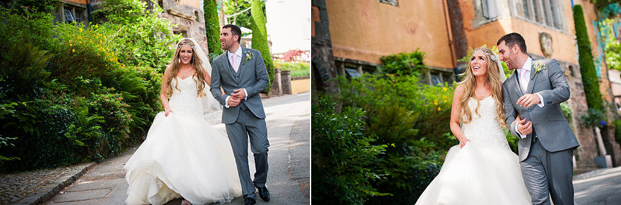 bride and groom smiling, walking in Portmeiron after their wedding, smiling. Wedding photographer: Celynnen Photography