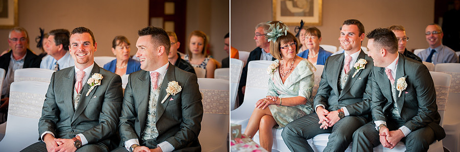 The groom and usher waiting excitedly for the bride to arrive. Wedding at the Deganwy Quay. Wedding Photographer: Celynnen Photography