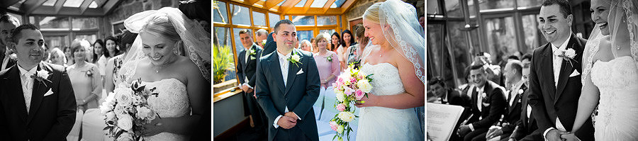 Wedding ceremony in the conservatory at Seiont Manor, Caernarfon. Wedding photographer: Celynnen Photography